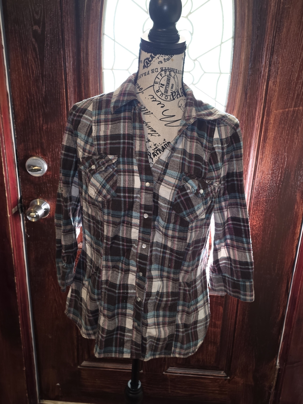 Arizona Plaid Button-Up Shirt in Brown, White & Teal XL